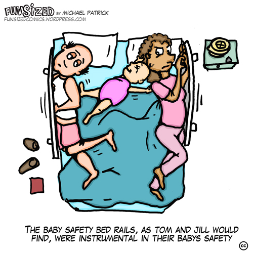 Fun sized comic cartoon couple in bed with baby who is kicking them off the edge
