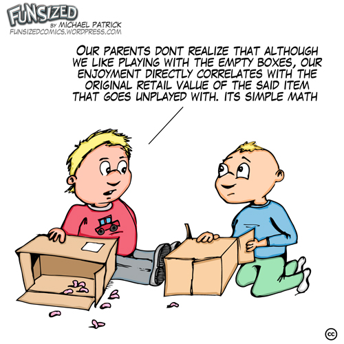Fun sized comic cartoon two toddlers talking about playing with cardboard boxes