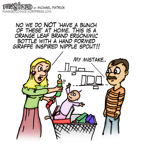 Fun Sized comic cartoon two parents fight over new aged bottle giraffe nipple
