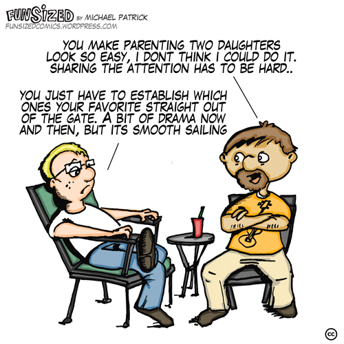 Fun sized comic cartoon two friends talking about having favorite kids parenting funny