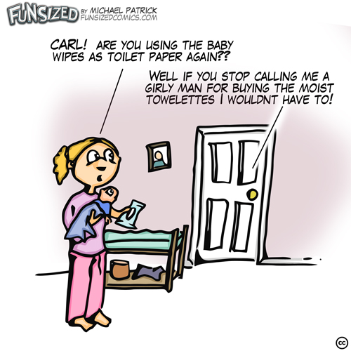 fun sized comic cartoon mom dad using baby wipes as toilet paper
