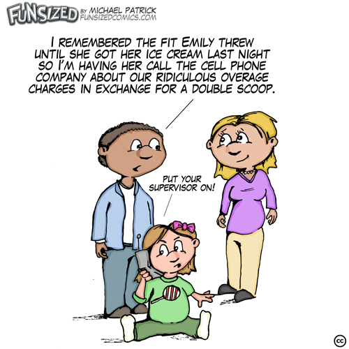Fun sized comics cartoon mom and dad getting daughter to call phone company to argue