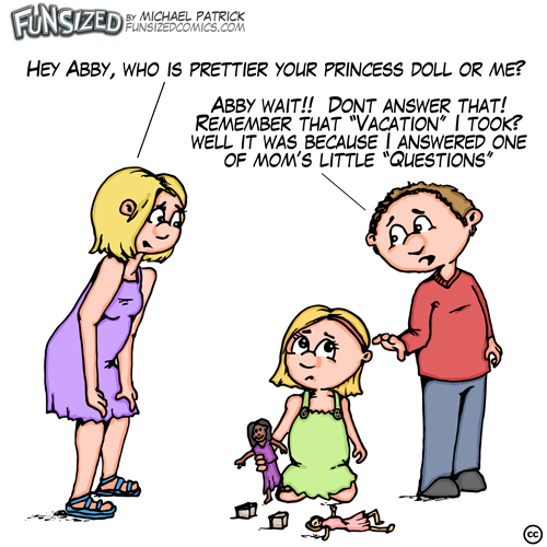 fun sized comic cartoons mom and dad with daughter asking who is prettier