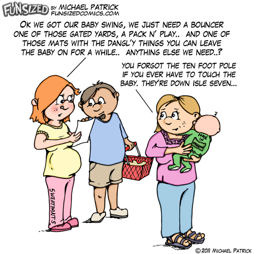 fun sized funny parenting comic couple at store shopping for baby things while mom judges them