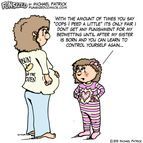 Fun sized funny parenting comic pregnant mom peeing herself gets lecture from daughter