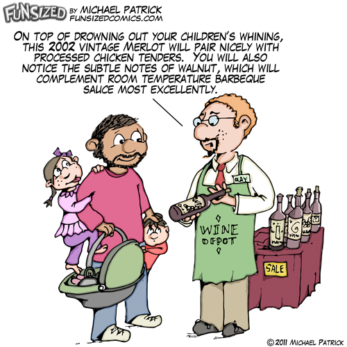 Fun sized funny parenting comic, wine, whino, alcohol, children, sale, french fries, barbeque sauce, drinking, whining 