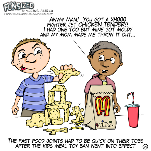 Fun Sized comic cartoon kids at mcdonalds playing with fried nuggets as toys after ban