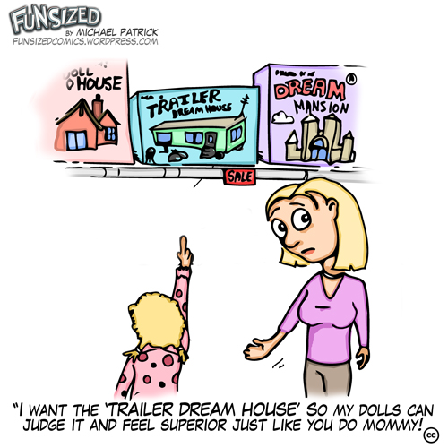 Fun sized comic cartoon mom and daughter at store buying trailer park play dream house