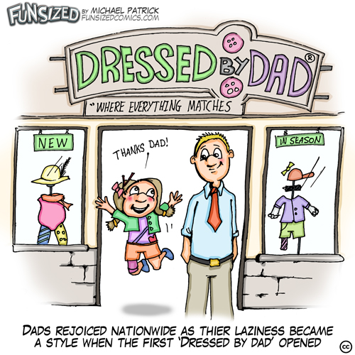 Fun Sized comic cartoon Dressed by dad and daughter shop for mismatched clothes