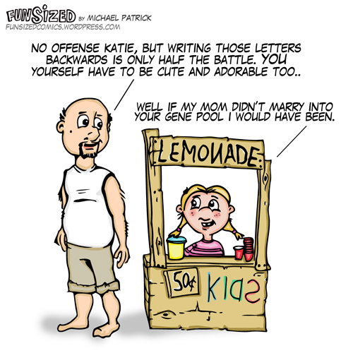 Fun sized comic cartoon uncle insults niece selling lemonade, she gets witty back