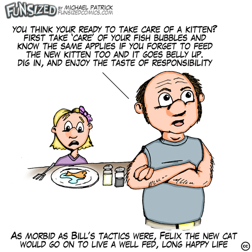 fun sized comic caroon dad and daughter eating old pet fish because she forgot to feed