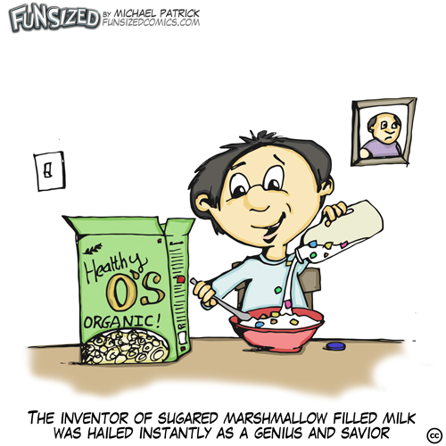 fun sized comic cartoon boy eating healthy cereal pours in milk with marshmallows