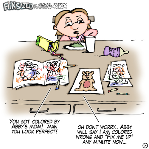 fun sized comic cartoon kid colors book badly while mom colors page perfectly argue insues