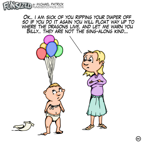 fun sized comic cartoon funny mom and son ties balloons to kid so he wont rip diaper off