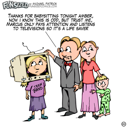 fun sized comic cartoon funny television cardboard on head as babysitter