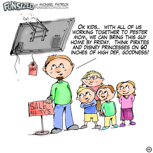 Fun sized comic cartoon dad with kids pestering mom to buy big screen lcd tv plasma