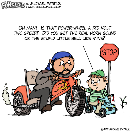 Fun sized funny parenting comic funny cartoon biker powerwheel bike stop sign vehicle